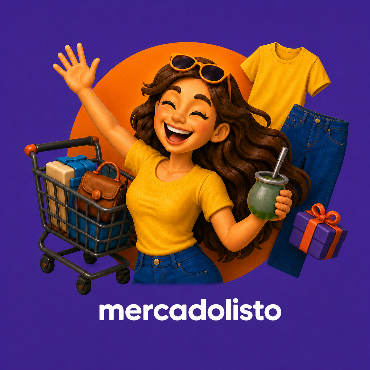 Chica MercadoListo saludando con un mate y un carrito de compras